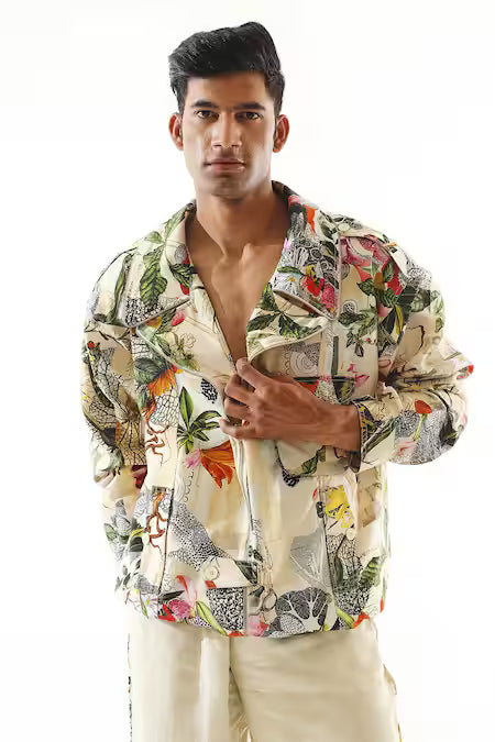 Mahima Mahajan  Multi Color Denim, Silk Tropical Jungle Print Jacket