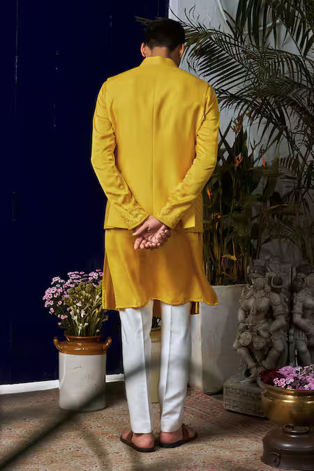 Philocaly  Yellow Cotton, Silk Embroidery Lattice Bundi Kurta Set