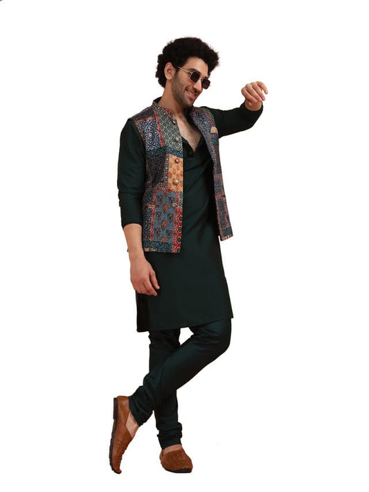 KISAH Men's Printed Kurta Jacket Churidar Set