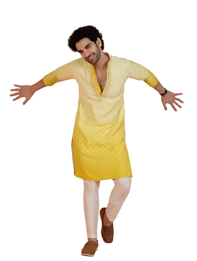 KISAH Men Yellow Embellished Kurta Trouser Set with Mirror work