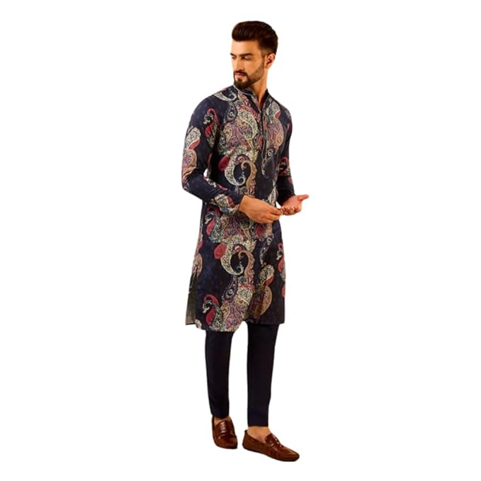 KISAH Men's Navy Blue Jacquard Cotton Kurta- Regular Fit Long Tunic with Mandarin Collar|Ethnic Wear for Weddings & Festive Occasions