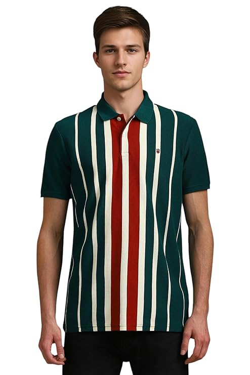 Louis Philippe Men's Stripe Polo Neck Slim Fit T-Shirt