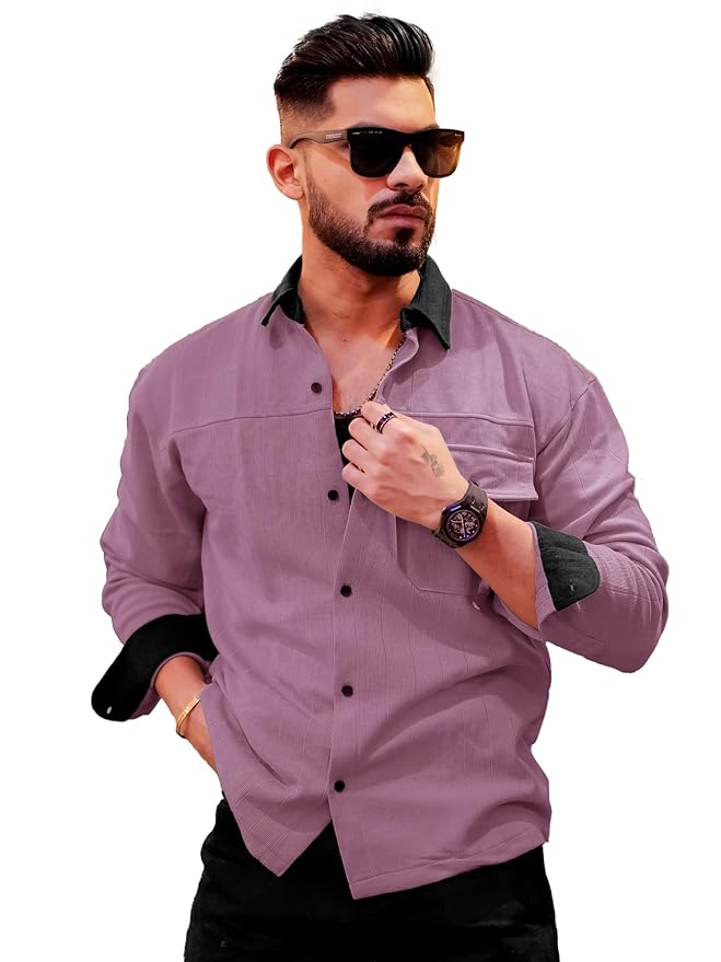 Maniac Mens Solid Collared Neck Full Sleeve Biscuit and Black Cotton Shirt