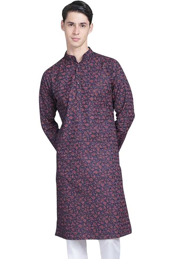 Majestic Man Men's Cotton Regular Fit Casual Mandarin Collar Ethnic Motifs Printed Long Regular Kurta