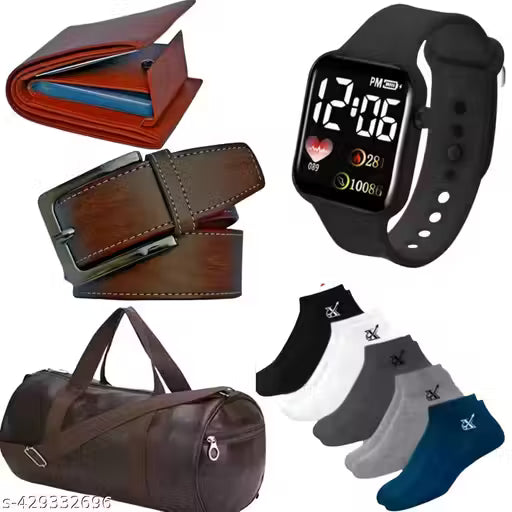 Latest trendy stock clernce offer buy men belt get album wallet with card holder gym bag 5 apir socks or digital watch free