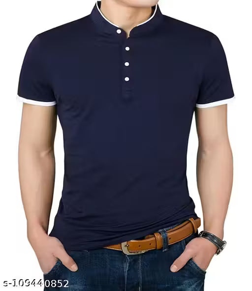Men Solid Mandarin Collar Polyester T-Shirt | Slim Fit Short Sleeve Button Down Breathable T-Shirt