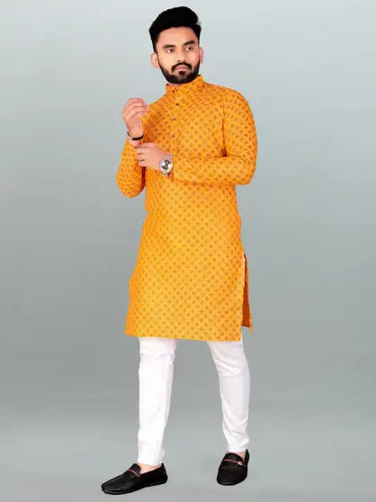 Men Printed Kurta (Yellow)