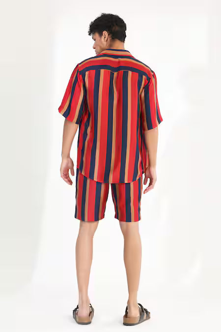 Koai  Red Cotton, Silk Striped Button Down Shirt