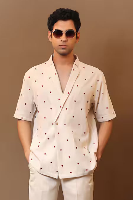 Mati  Off White Cotton Embroidery Heart Overlap Bluff Jacket