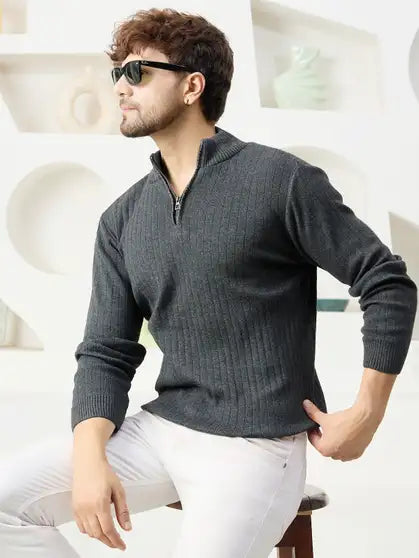 KVETOO Self Design High Neck Casual Men Grey Sweater