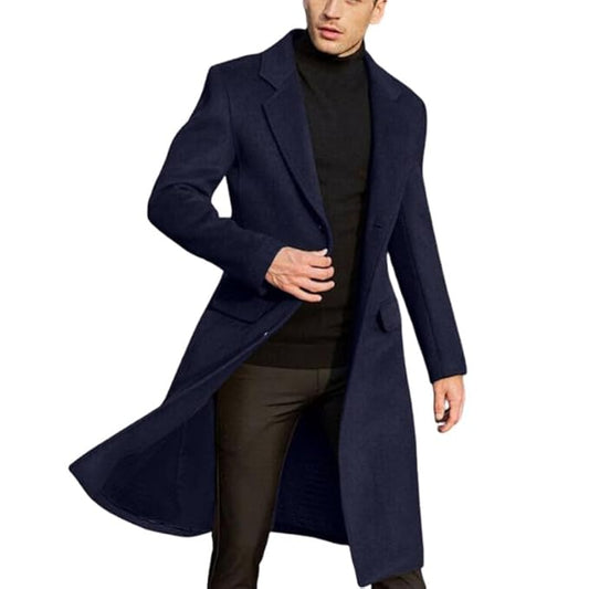 MASTYLE® Men's Wool Blend Long Trench Coat Single Breasted Slim Fit Winter Jacket