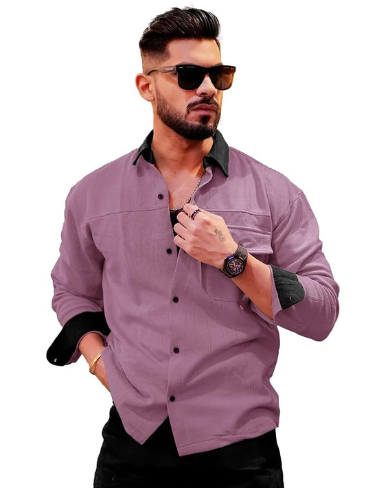 Maniac Mens Solid Collared Neck Full Sleeve Biscuit and Black Cotton Shirt