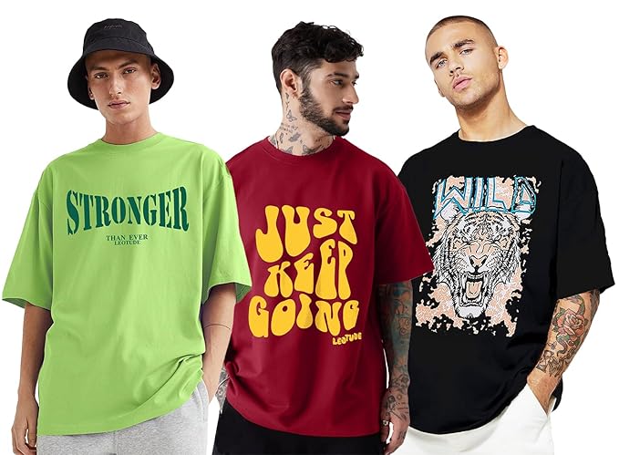 LEOTUDE Men's Cotton Oversized Fit Half Sleeve Oversized Printed T-Shirt, Round Neck Longline Drop Shoulder | ful Printed Combo T-Shirt