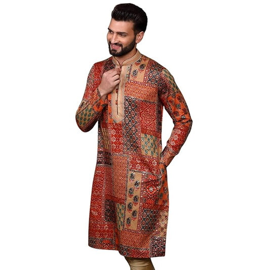 KISAH Men’s Printed Cotton Blend Kurta – Traditional Ethnic Wear Kurta for Men for Weddings & Festivals - Fashion Apparels Multicolour