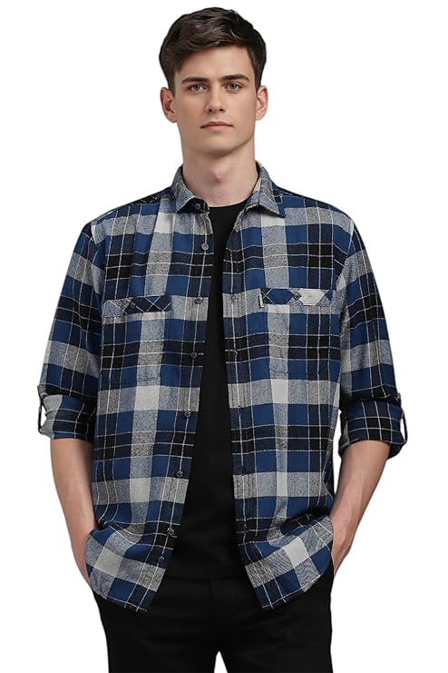 Louis Philippe Men's Checkered Slim Fit Shirt (LRSFCSLPO14495_Blue