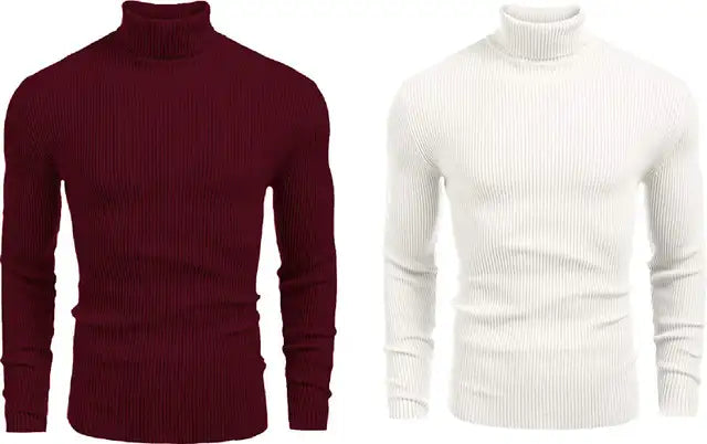 High Neck Men Wool Blend Maroon, White Sweater