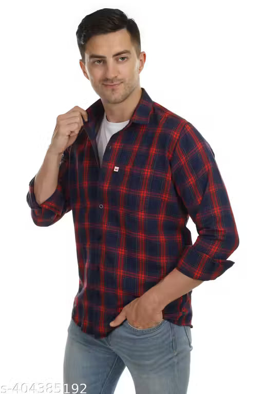 Marc Laurent Men's Checked Spread Collar Maroon Shirts